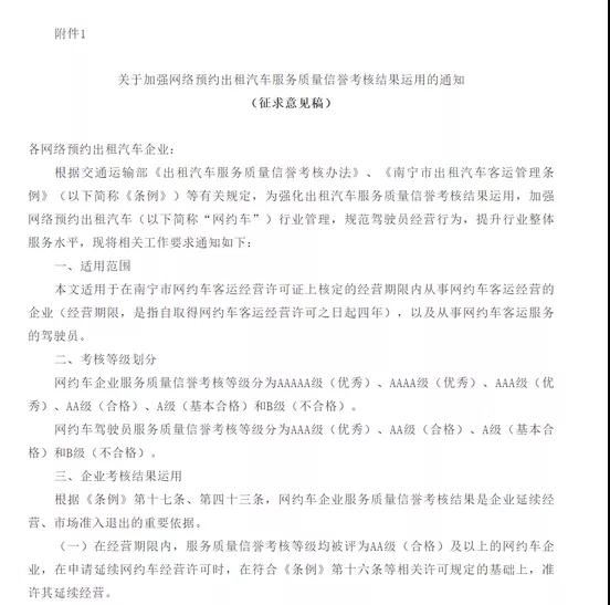 南寧市擬分等級考核網(wǎng)約車企業(yè)、駕駛員服務質量信譽